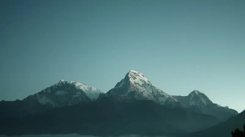 Snow-capped mountains under a soft, pale sky